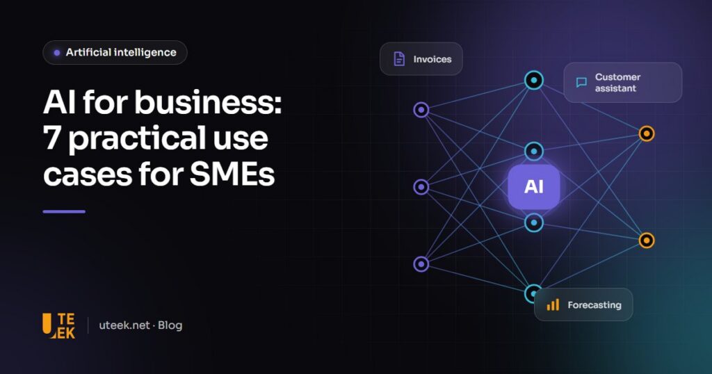 Illustration of a neural network connecting documents, customer messages and sales charts in a small business