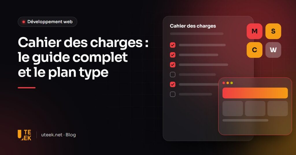 Document de cahier des charges avec liste de fonctionnalités cochées et maquette de site web