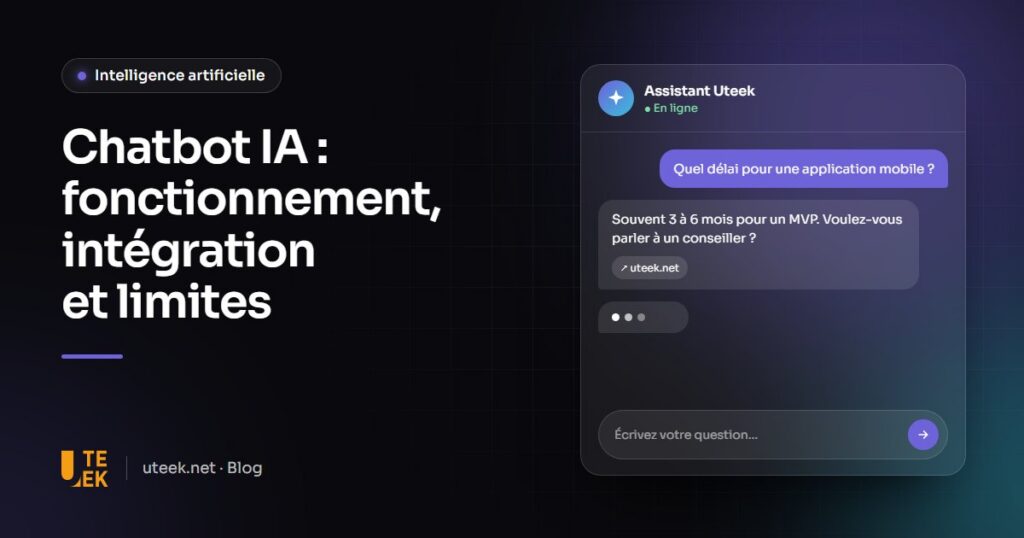 Fenêtre de chatbot IA sur un site web avec une question client et une réponse de l'assistant