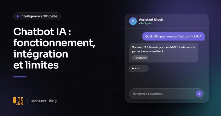 Fenêtre de chatbot IA sur un site web avec une question client et une réponse de l'assistant