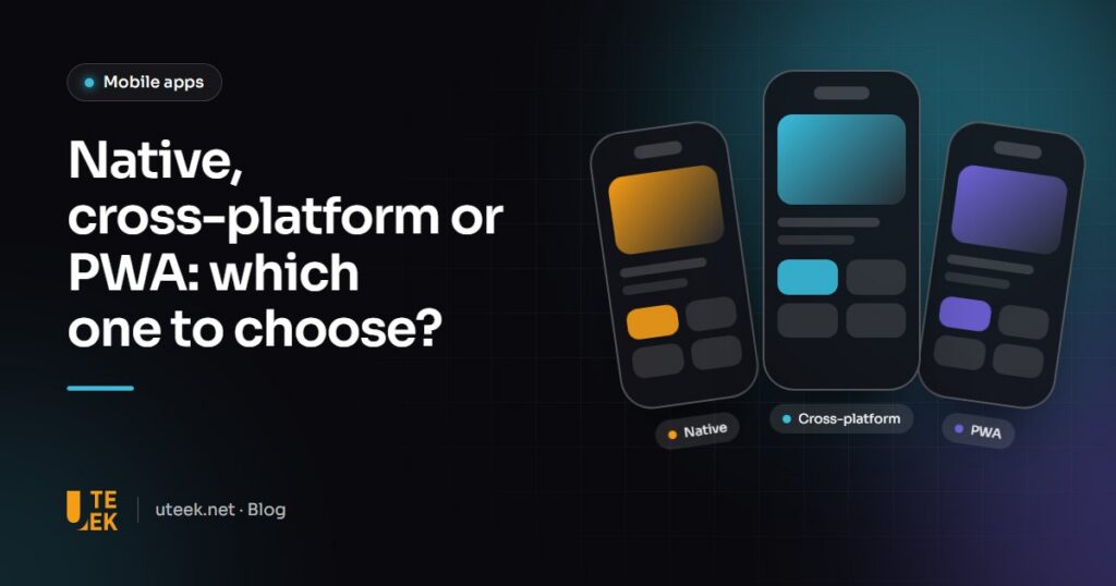 Three smartphones comparing a native app, a cross-platform app and a PWA