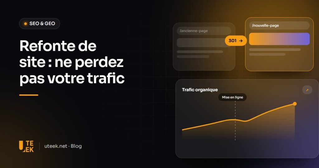 Ancienne et nouvelle page web reliées par une redirection 301, avec une courbe de trafic qui continue de monter