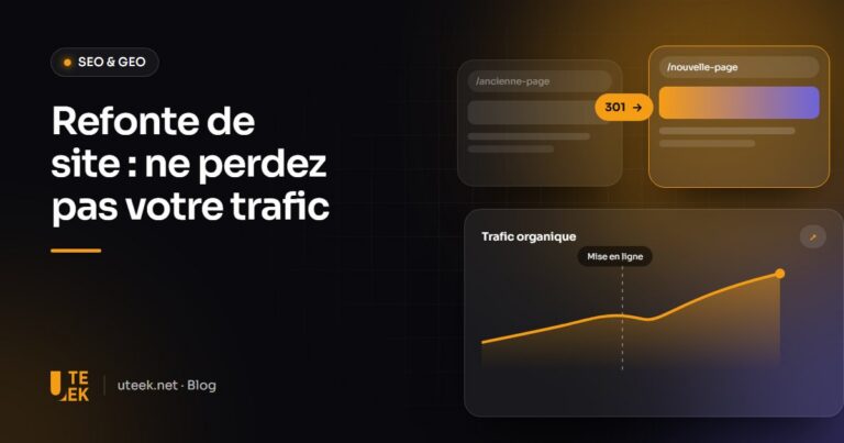 Ancienne et nouvelle page web reliées par une redirection 301, avec une courbe de trafic qui continue de monter