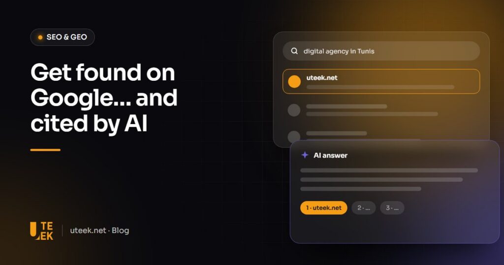 SEO and GEO illustration: a Google search and an AI assistant answer citing a website