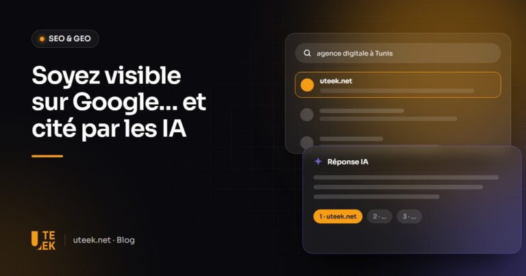 Illustration SEO et GEO : une recherche Google et une réponse d'assistant IA qui cite un site web