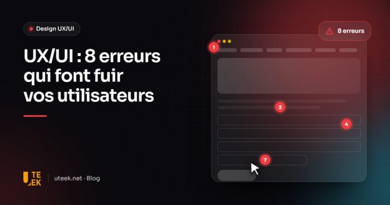 Maquette d'interface web annotée de marqueurs d'erreurs UX avec un curseur de souris