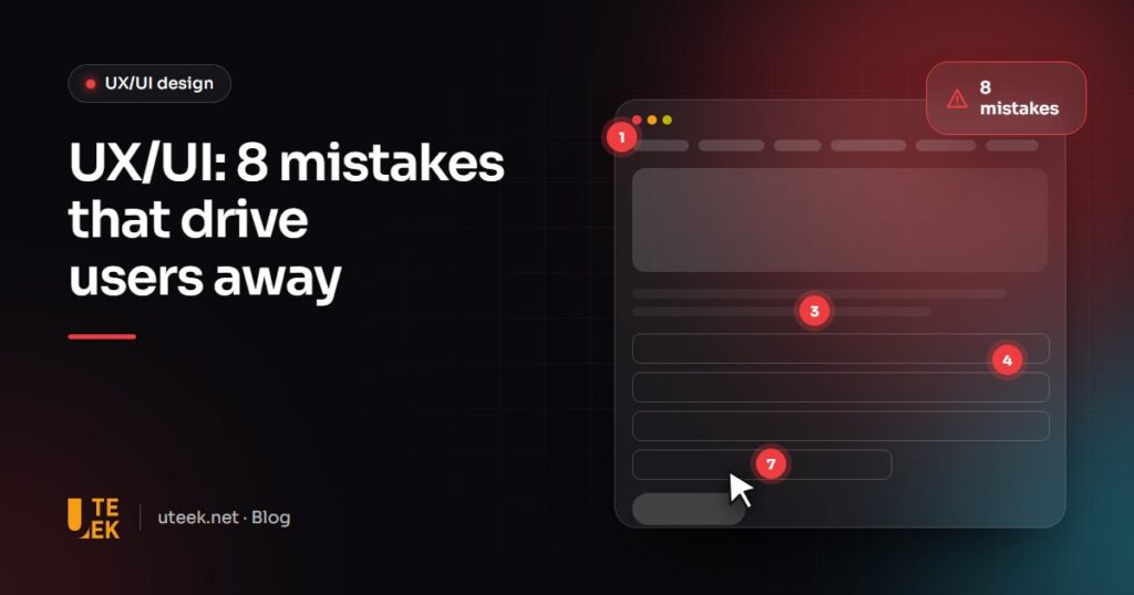 Web interface mock-up annotated with UX error markers and a mouse cursor