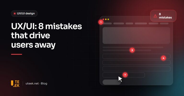 Web interface mock-up annotated with UX error markers and a mouse cursor