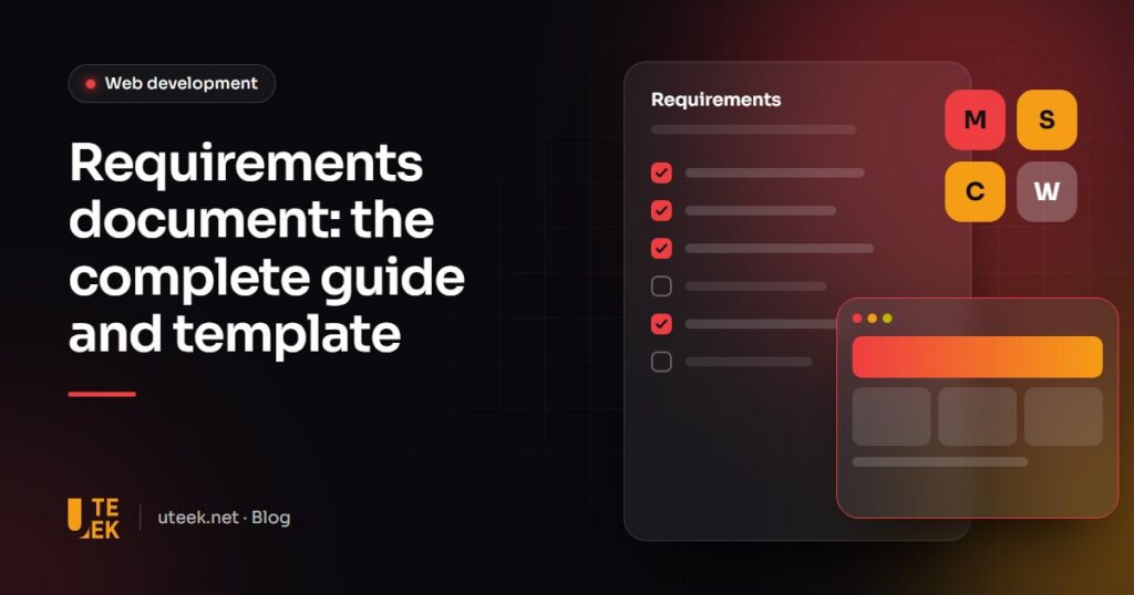 Requirements document with a checked feature list next to a website wireframe