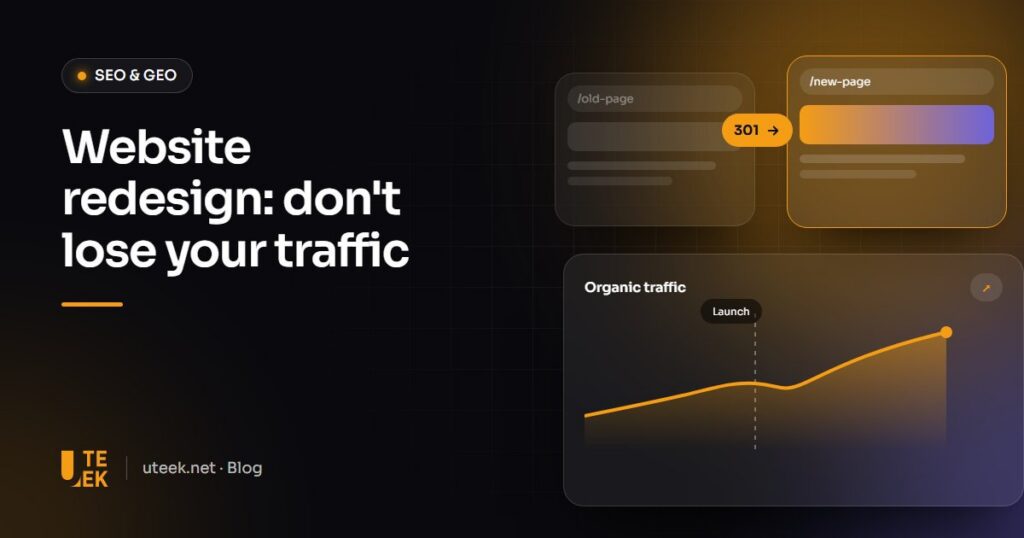 Old and new web pages linked by a 301 redirect, with a traffic curve still rising